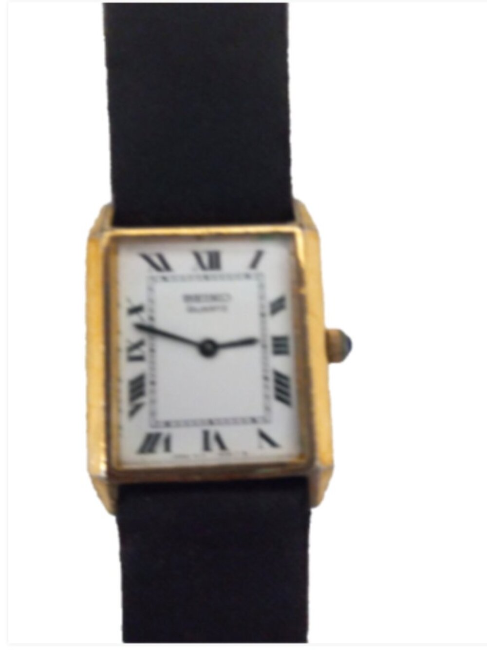Vintage Seiko Tank Quartz Watch Gold Tone Roman Numeral Black Leather FOR REPAIR - Picture 4 of 12
